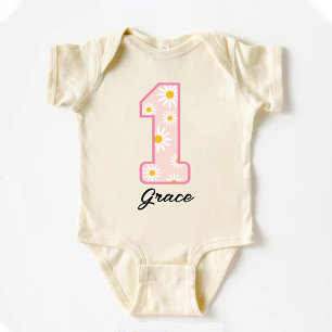 Daisy Flower Retro Boho 1st Birthday Baby Bodysuit