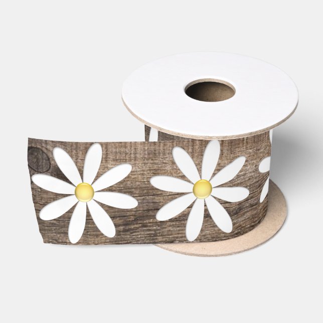 Daisy Flower Rustic Barn Board Satin Ribbon (Spool)