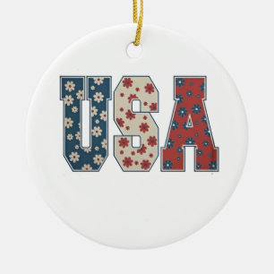 Daisy Flower USA Flag 4th of July Patriotic Ceramic Ornament