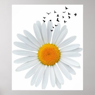 Daisy Flower with Flock of Birds. Poster
