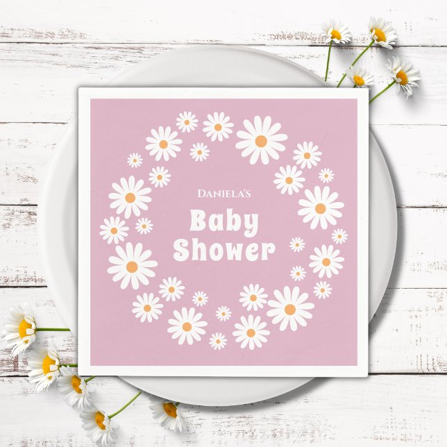 Daisy Flower Wreath Pink Groovy Retro Baby Shower Napkin (daisy baby girl shower napkins pink daisy wreath daisies flower power)