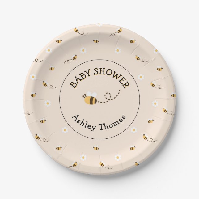 Daisy Flowers and Honey Bees Baby Shower Paper Plate (Front)