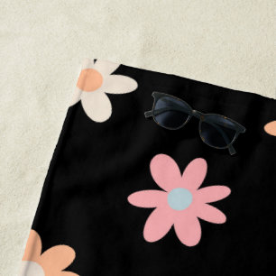 Daisy Flowers Black Boho Floral Beach Towel