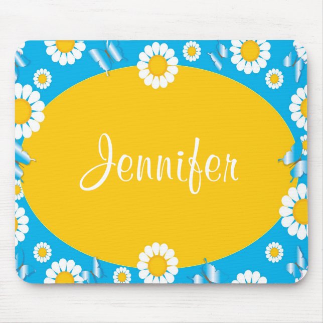 Daisy Flowers Blue & Yellow Personalised Mousepad (Front)