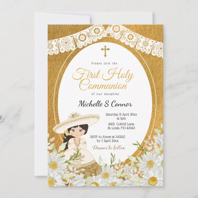 Daisy Flowers Charra Girl First Holy Communion Invitation (Front)