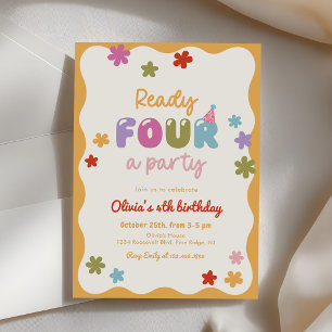 Daisy Flowers Colorful 4th Birthday Party Invitation