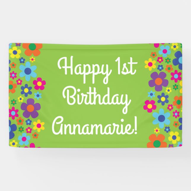 Daisy Flowers Cute Colourful 1st Birthday Party Banner (Horizontal)