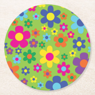Daisy Flowers Cute Colourful 1st Birthday Party Round Paper Coaster