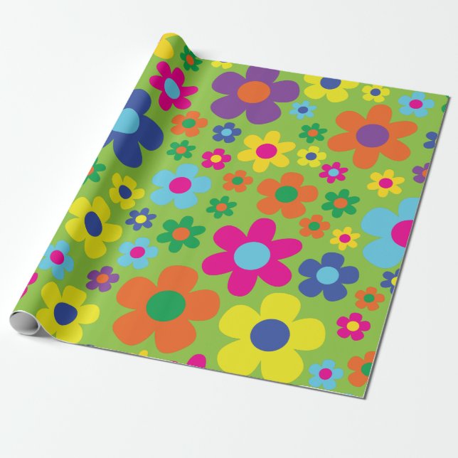 Daisy Flowers Cute Colourful 1st Birthday Party Wrapping Paper (Unrolled)