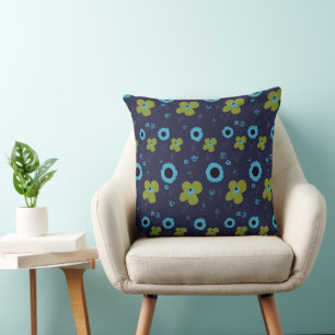 Daisy Flowers Dusty Mustard Yellow Blue Navy Cushion