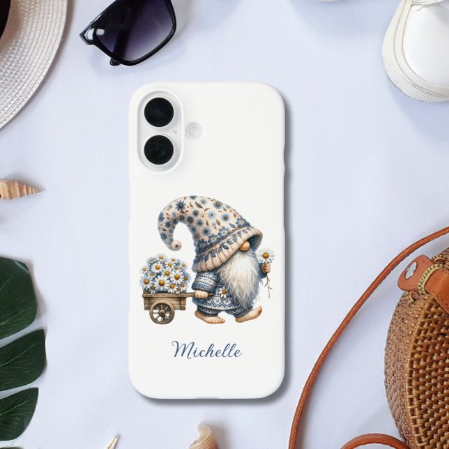 Daisy Flowers Gnome Personalised Monogram Case-Mate iPhone Case (Monogrammed Name Daisy Flowers Gnome iPhone 16 15 13 14  case.)