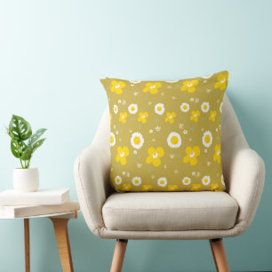Daisy Flowers Mustard Yellow White Olive Cushion