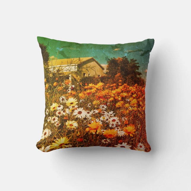 Daisy Flowers Orange Blue Cushion Throw Pillow (Front)
