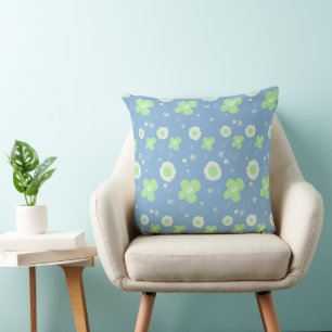Daisy Flowers Pastel Green White On Pastel Blue Cushion