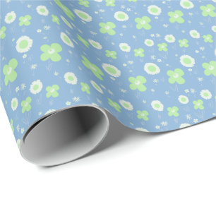 Daisy Flowers Pastel Green White On Pastel Blue Wrapping Paper