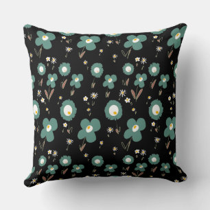 Daisy Flowers Pastel Sage White Yellow Black Cushion