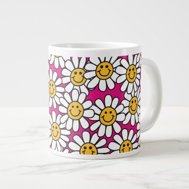 Daisy Flowers Pattern Pink Yellow Large Coffee Mug (Front Right)