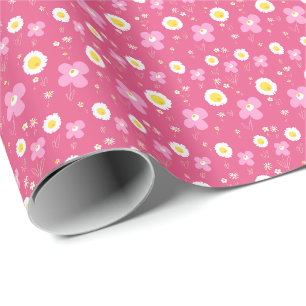 Daisy Flowers Pink White On Pink Wrapping Paper