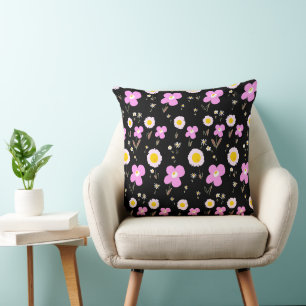 Daisy Flowers Pink Yellow Black Cushion