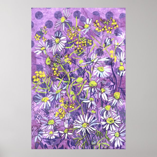 Daisy Flowers Polka Dot Summer Flowers Floral Art Poster (Front)