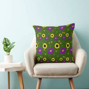 Daisy Flowers Purple Yellow Black Green Cushion