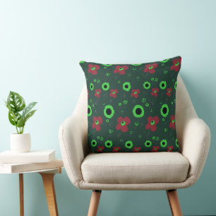 Daisy Flowers Red Green Black Cushion