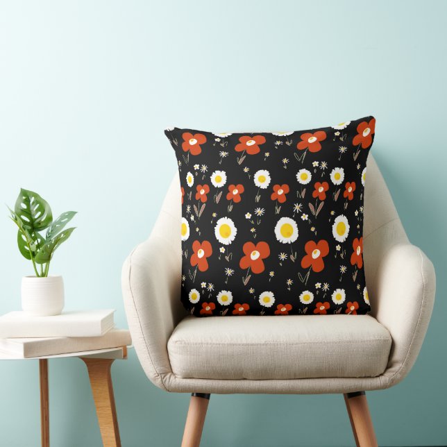 Daisy Flowers Red White Yellow Black  Cushion (Chair)
