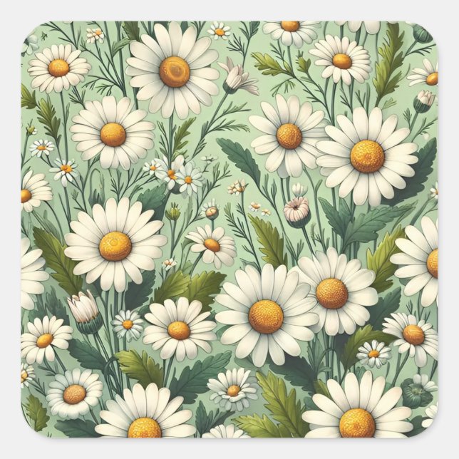 Daisy Flowers Seamless Green Background Square Sticker (Front)