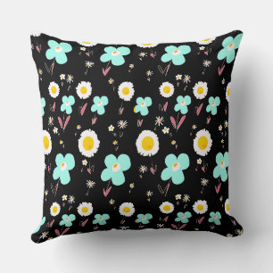 Daisy Flowers Turquoise White Pink Black Cushion