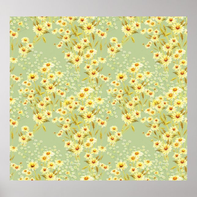 Daisy Flowers: Watercolor Dark Seamless. Poster (Front)