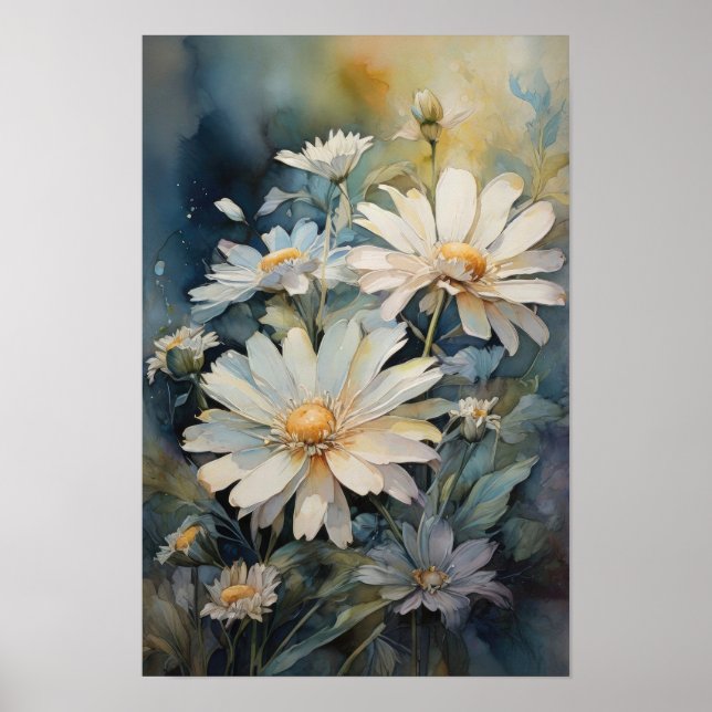 Daisy Flowers -  Watercolor Floral Botanical Art Poster (Front)