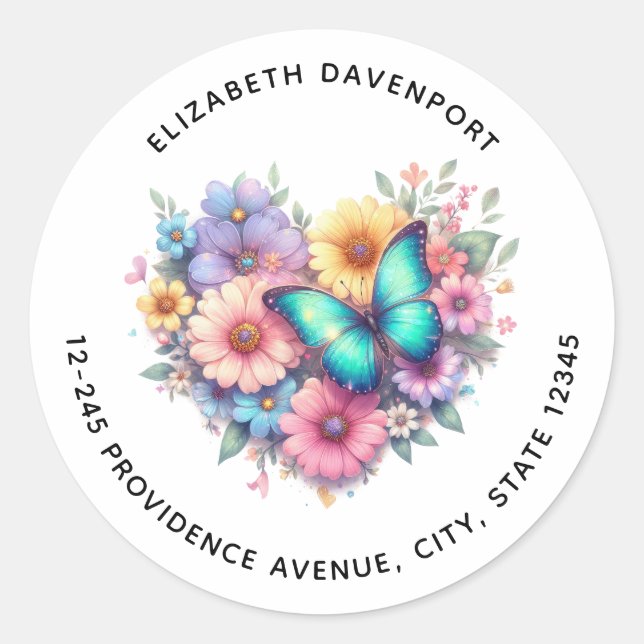 Daisy Flowers with a Beautiful Butterfly Address Classic Round Sticker (Front)