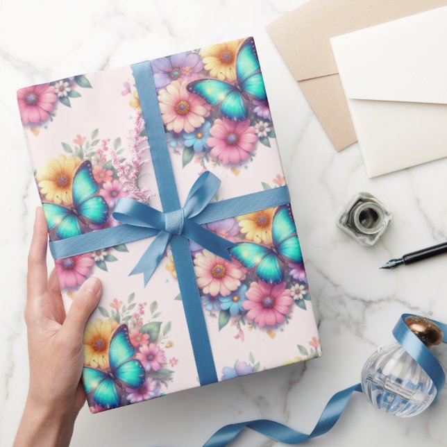 Daisy Flowers with a Beautiful Butterfly Pattern Wrapping Paper (Gifting)