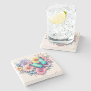 Daisy Flowers with a Beautiful Butterfly Stone Coaster