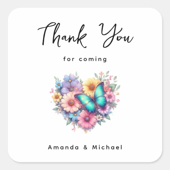 Daisy Flowers with a Blue Butterfly Thank You Square Sticker (Front)