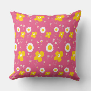 Daisy Flowers Yellow White On Pink Throw Pillow