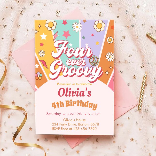 Daisy Four Ever Groovy 4th Birthday Invitation (Creator Uploaded)