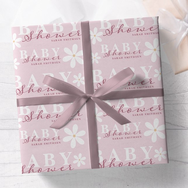 Daisy Garden Baby Shower Dusty Pink Wrapping Paper (Creator Uploaded)