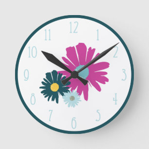 Daisy Garden Botanical Wildflower Dark Blue Round Clock
