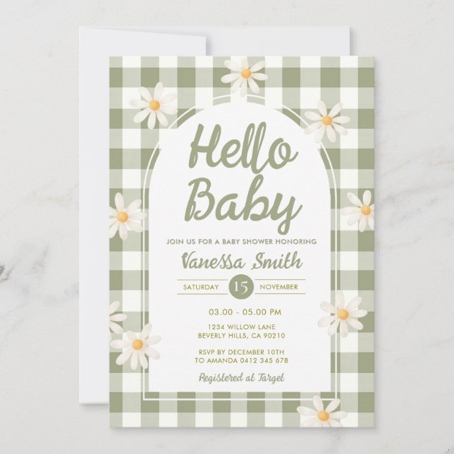 Daisy Gingham Hello Baby Shower Invitation (Front)