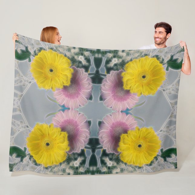 Daisy Glow -Pink Yellow Floral Pattern Fleece Blanket (In Situ)