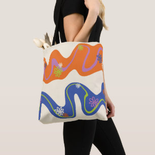 Daisy Groove Blue, Orange, Purple, Green, & Cream Tote Bag