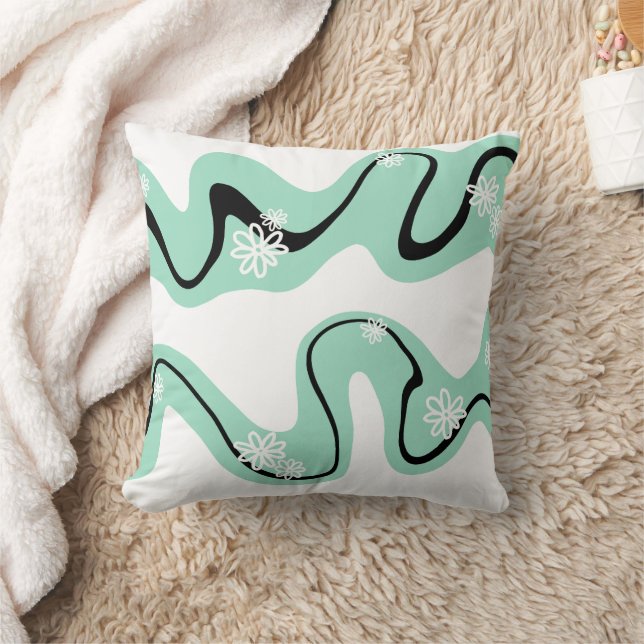 Daisy Groove in Mint Green, Black and White Cushion (Blanket)