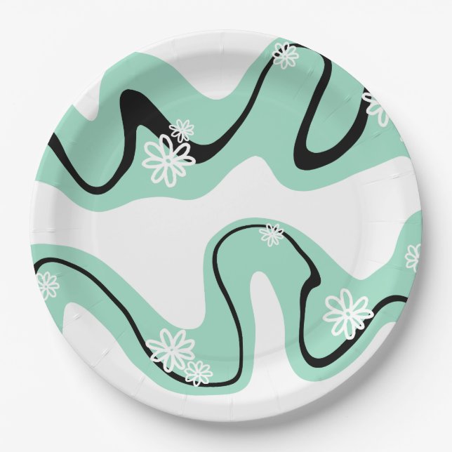 Daisy Groove in Mint Green, Black and White Paper Plate (Front)