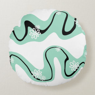 Daisy Groove in Mint Green, Black and White Round Cushion