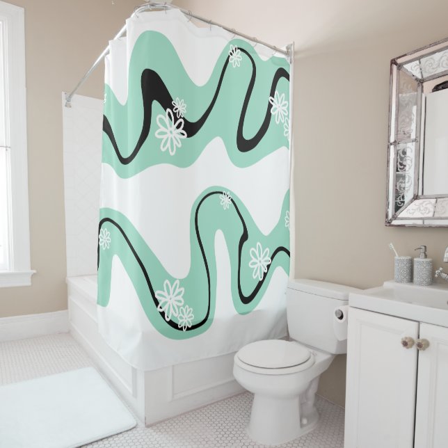 Daisy Groove in Mint Green, Black and White Shower Curtain (In Situ)