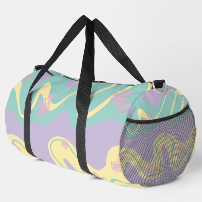 Daisy Groove Pastel Pink, Yellow, Purple & Green Duffle Bag (Right Corner)