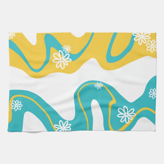 Daisy Groove - Turquoise and Yellow Tea Towel (Horizontal)