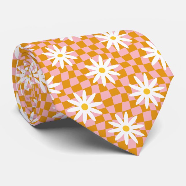 Daisy Groovy Retro Chequerboard, Y2K 90s  Tie (Rolled)