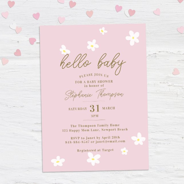 Daisy Hello Baby Spring Pink Elegant Girl Shower Invitation (Creator Uploaded)